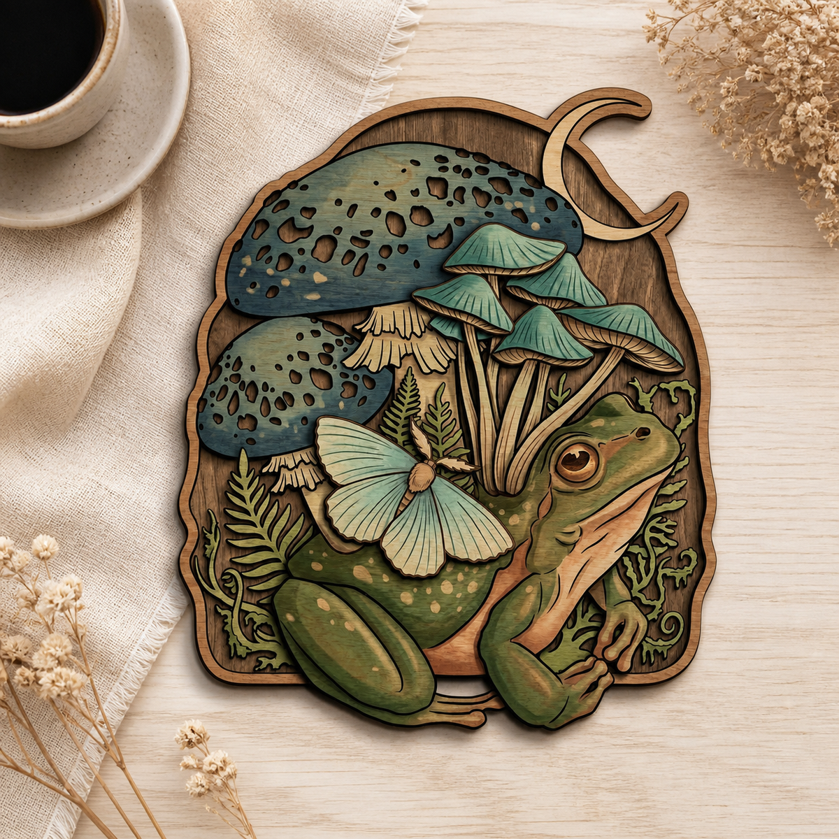 Moon Celestial Botanical Wooden Sign Mushroom Frog Rustic Wall Art