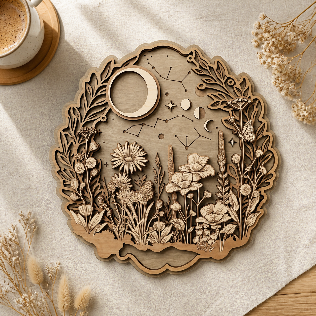 Moon Wall Decor Wooden Sign Celestial Floral Meadow Round Wood