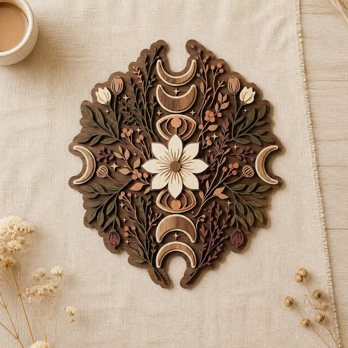 Moonphase Wooden Sign, Crescent Moon Floral Decor