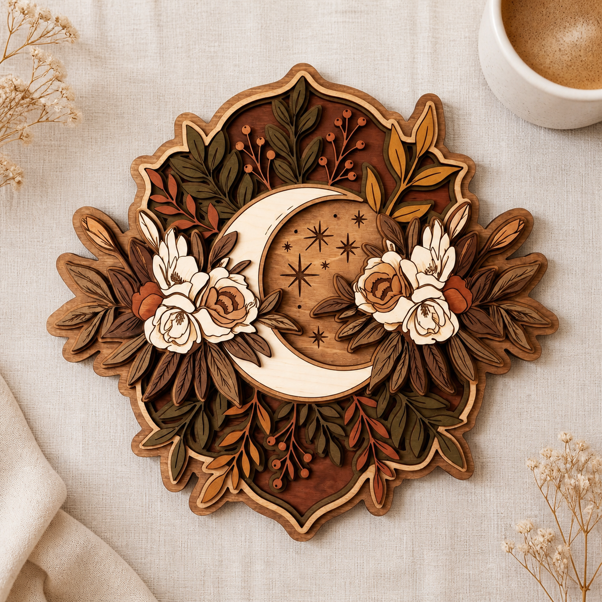 Crescent Moon Wooden Sign, Moonphase Floral Decor