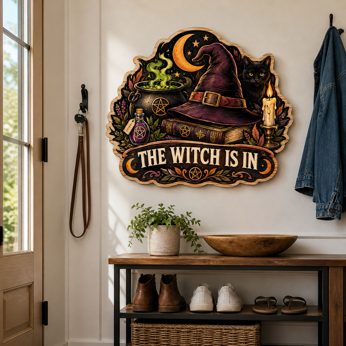 The Witch Is In Wooden Sign, Halloween Decor With Purple Witch Hat, Black Cat, Bubbling Cauldron Potion