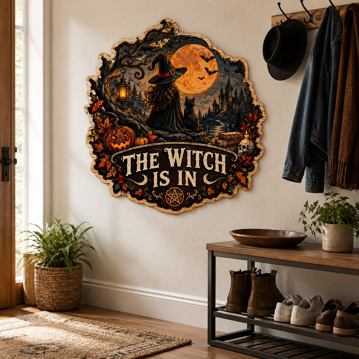 The Witch Is In Wooden Sign, Witch Cat Gazing Moonlit Castle, Gothic Books Skull Halloween Door Hanger