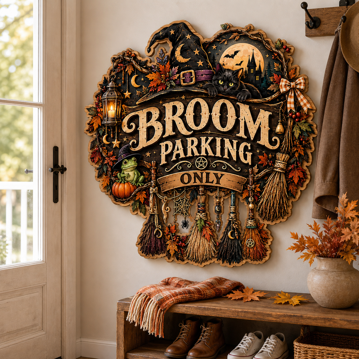 Broom Parking Only Wooden Sign, Multiple Hanging Brooms Decor
