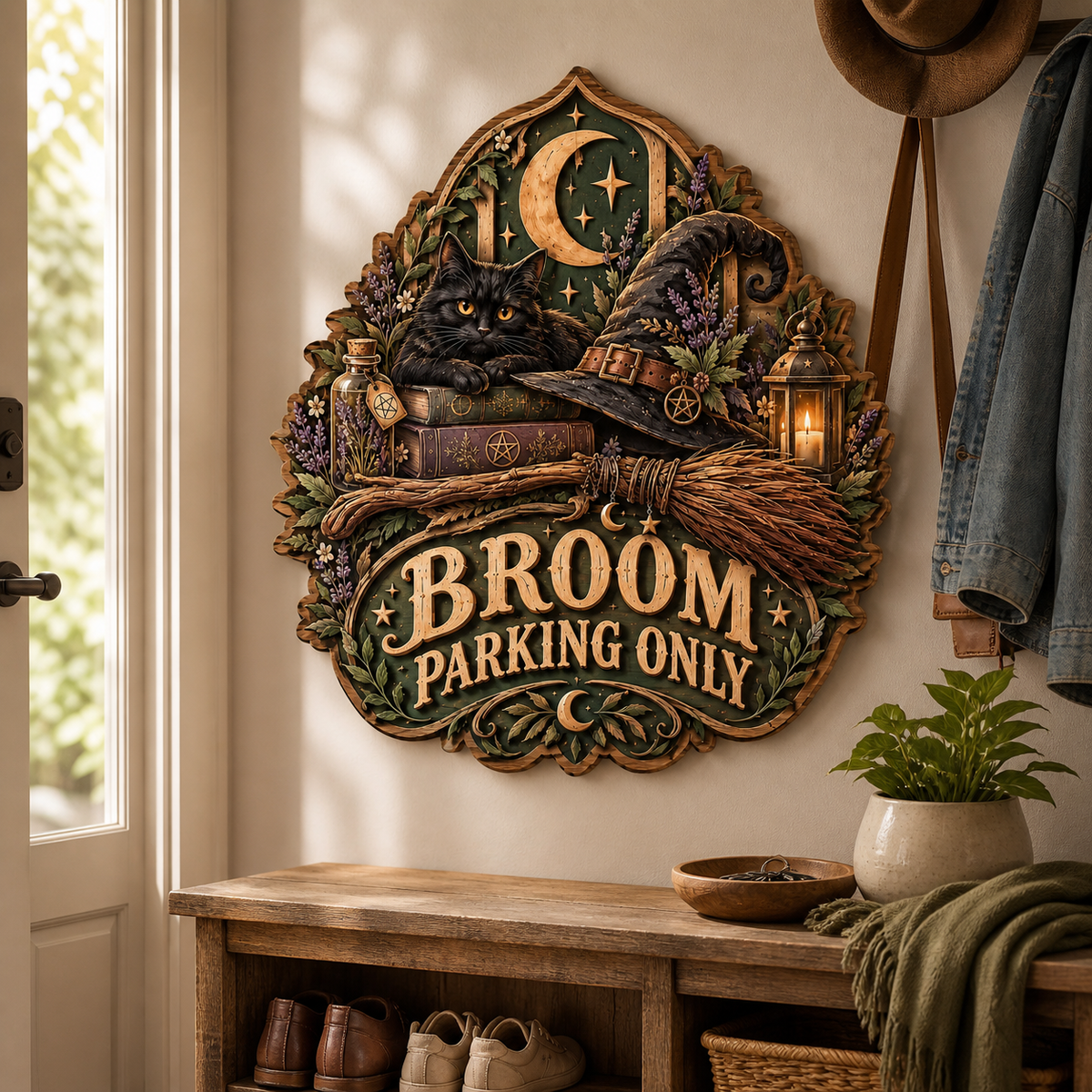 Broom Parking Only Wooden Sign, Black Cat On Spell Books Decor