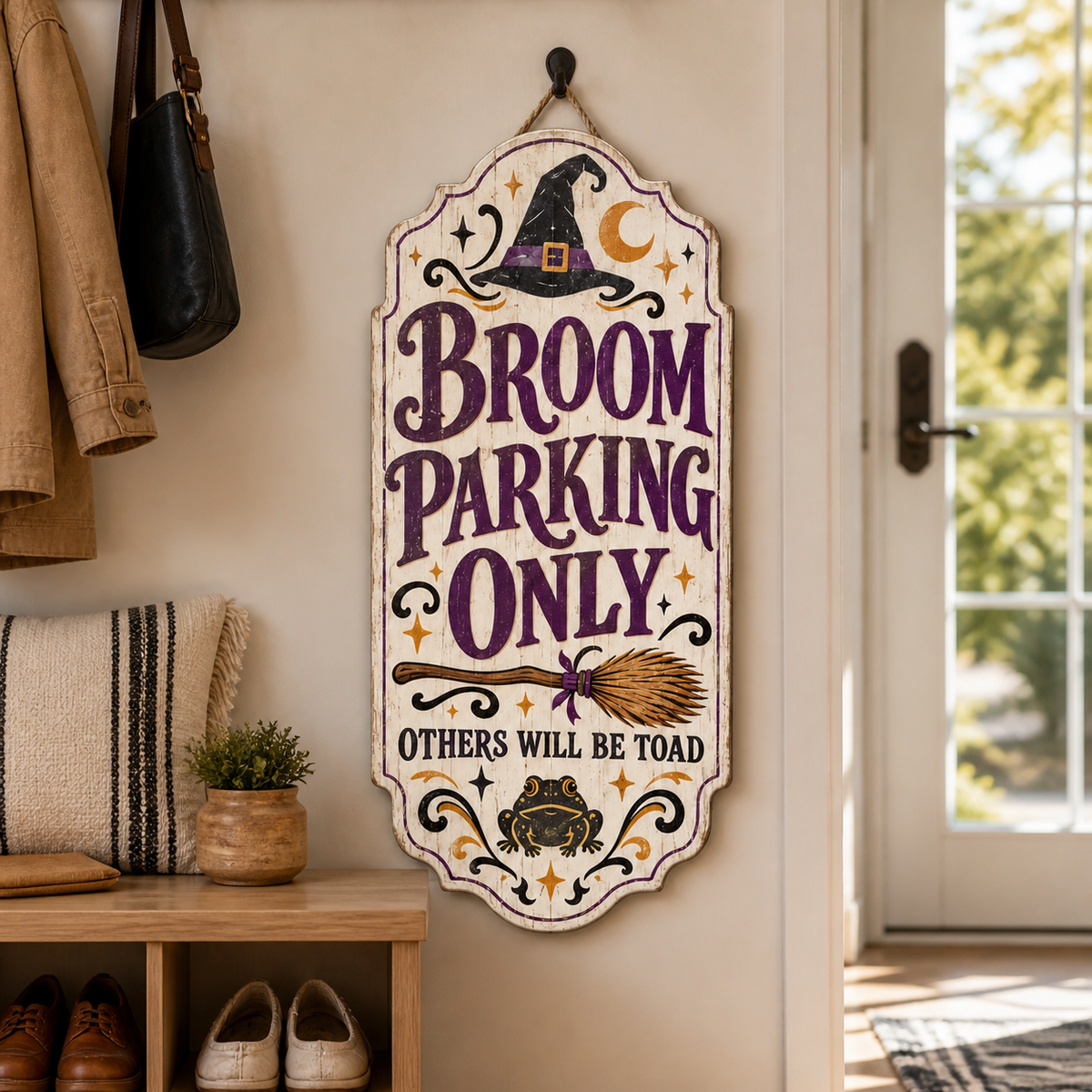 Broom Parking Only Wooden Sign, Vertical Door Hanger Others Will Be Toad