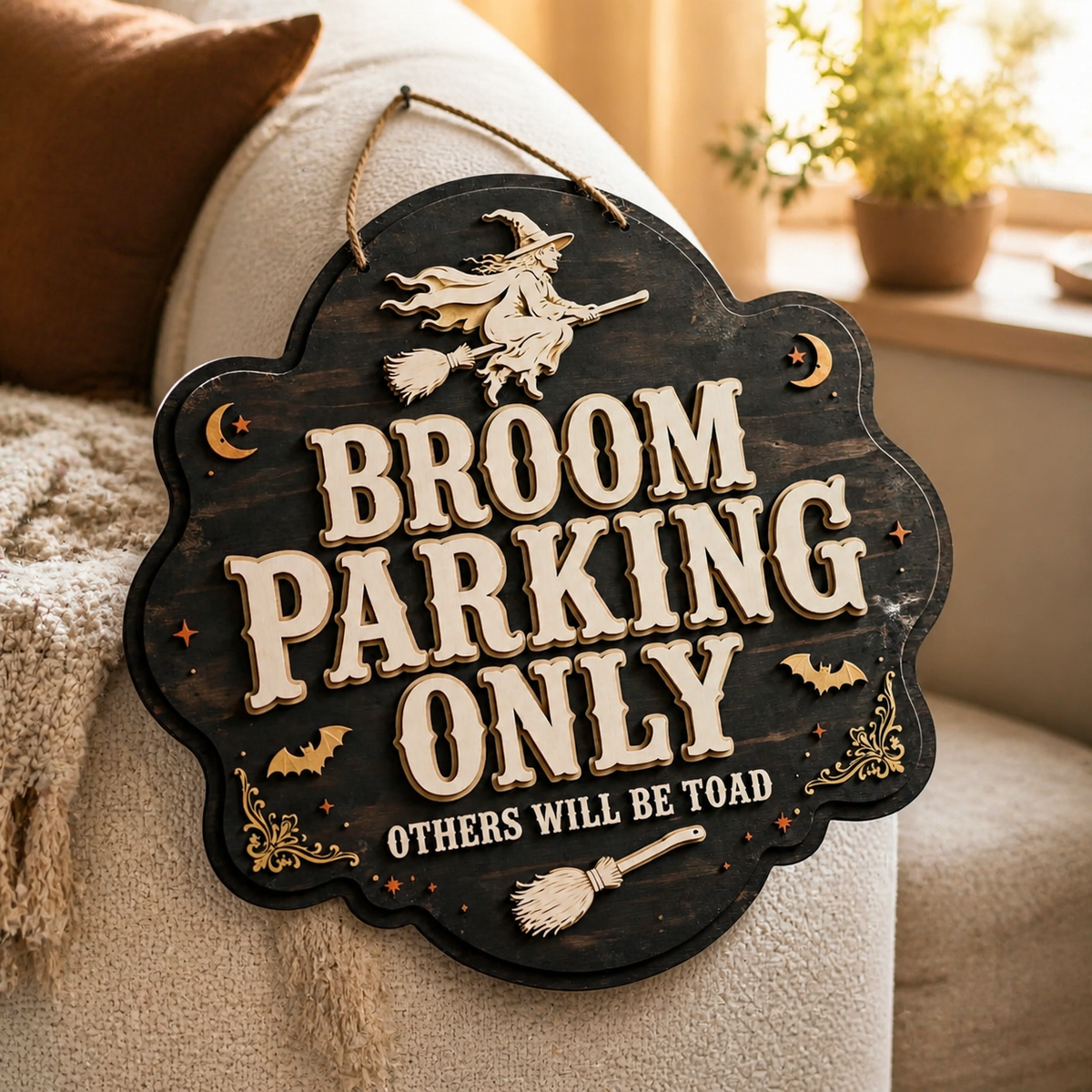 Broom Parking Only Wooden Sign, Flying Witch Silhouette Door Hanger
