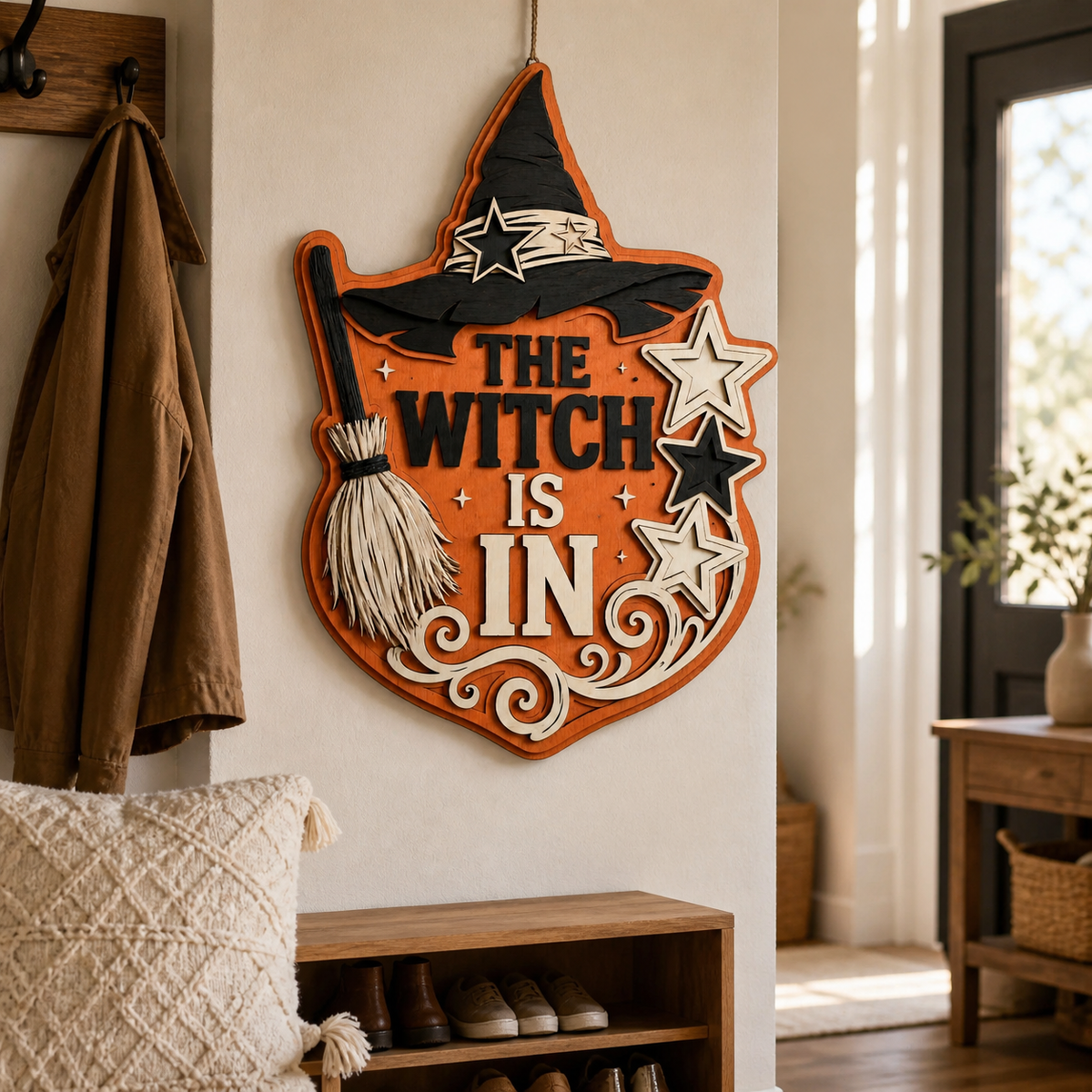 The Witch Is In Wooden Sign, Orange Shield Halloween Decor, Black Hat & Layered Stars Door Hanger