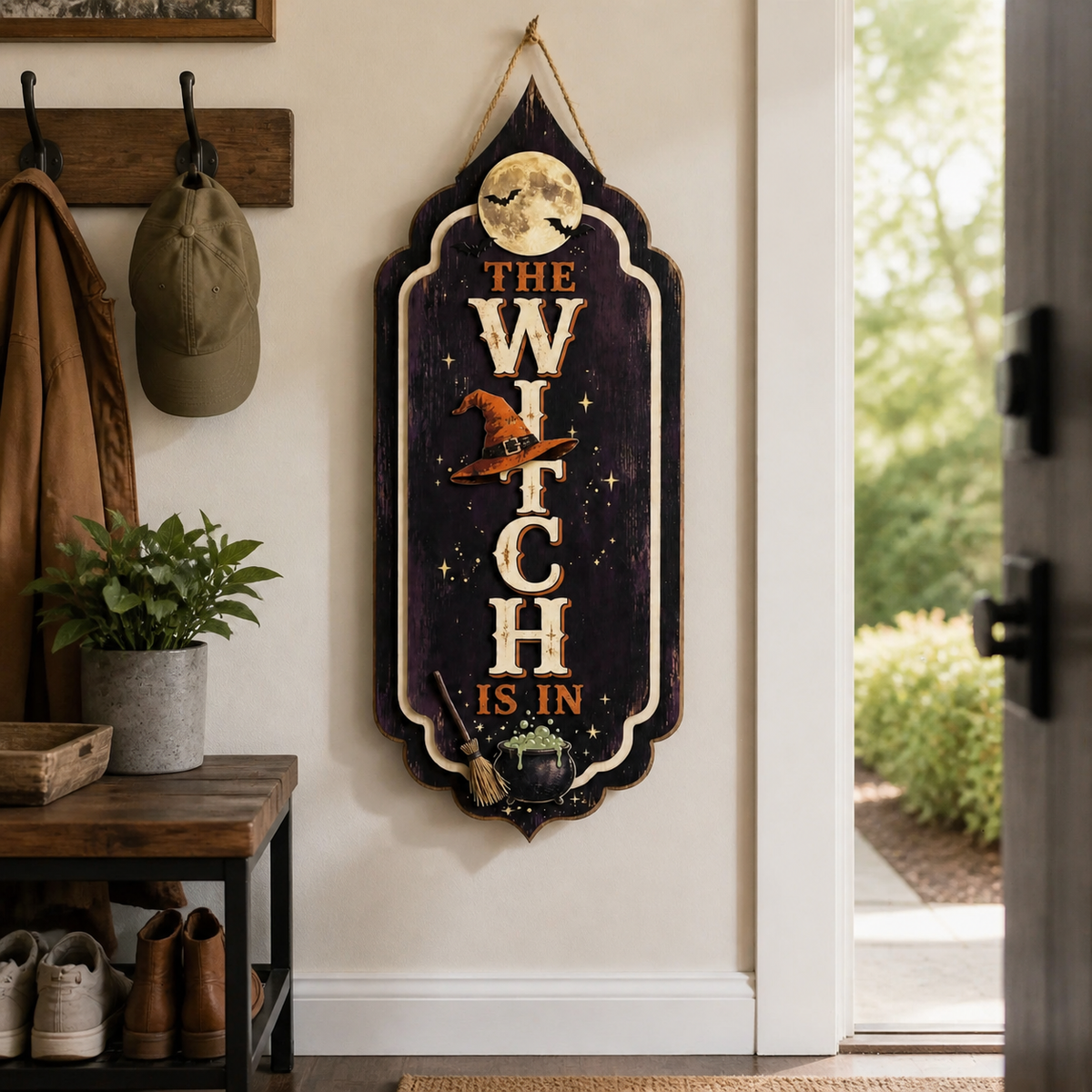 The Witch Is In Wooden Sign Halloween Dark Purple Orange Hat Decor