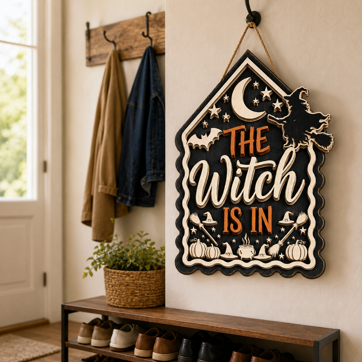 The Witch Is In Wooden Sign Flying Witch Silhouette Crescent Moon House Shape Halloween Decor