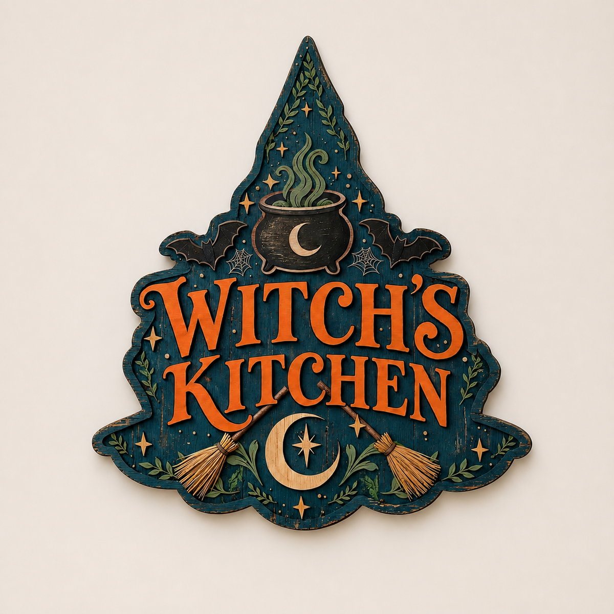 Witch'S Kitchen Wooden Sign, Crossed Brooms & Bats, Blue Hat Shape Wall Decor