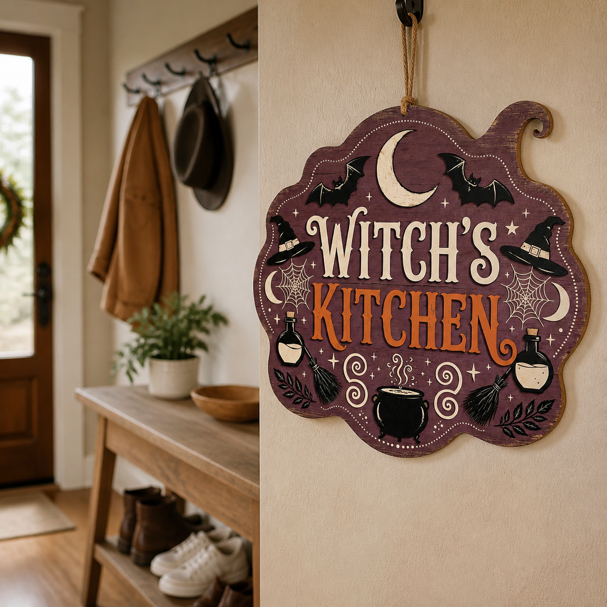 Witch's Kitchen Wooden Sign, Crescent Moon Spiderwebs & Brooms Decor