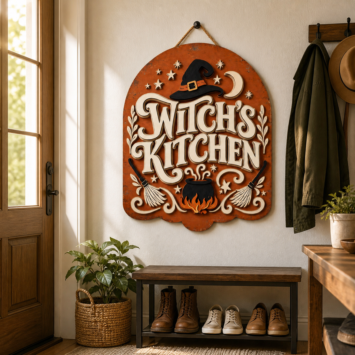 Witch's Kitchen Wooden Sign Orange Arch Door Hanger Spooky Halloween Decor