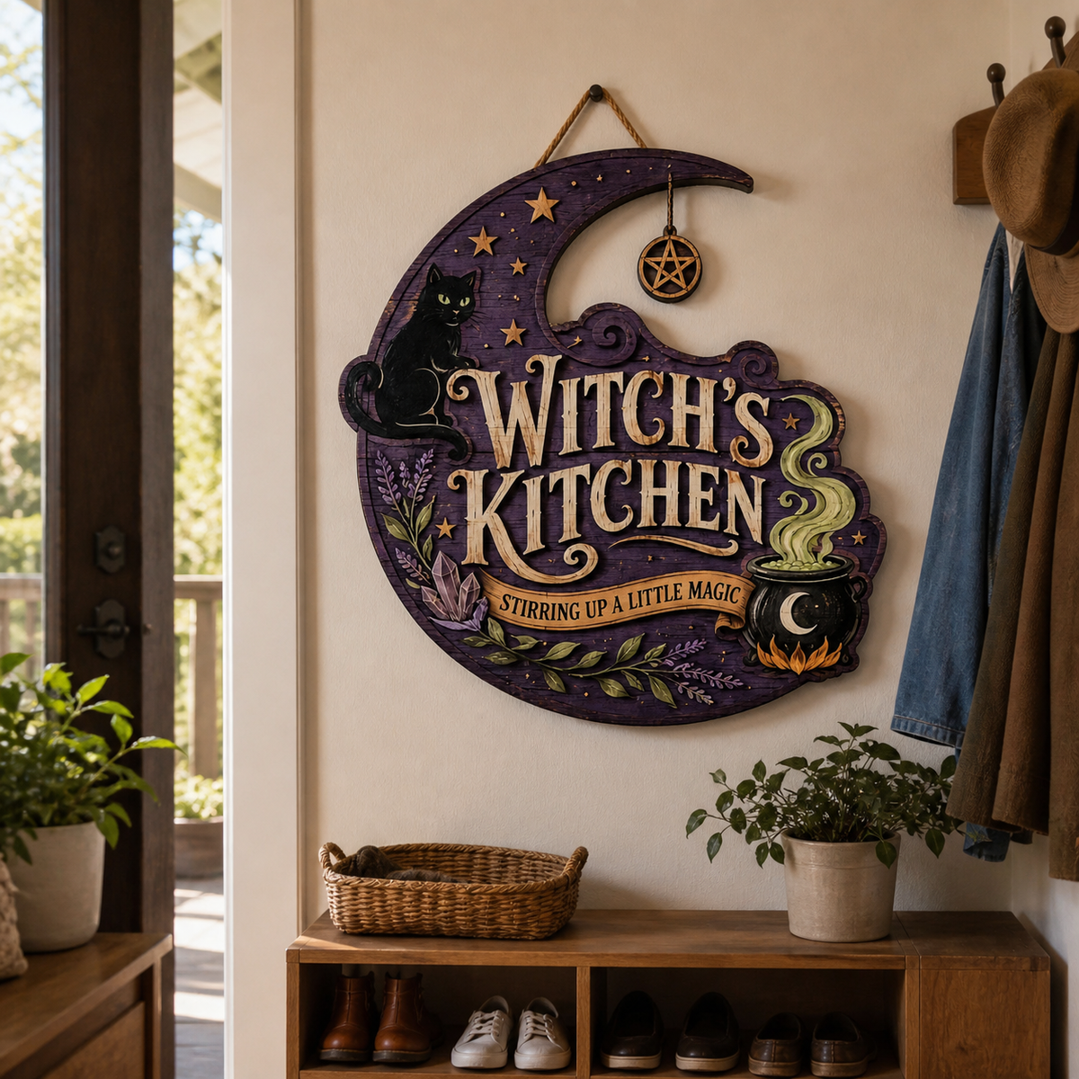 Witch's Kitchen Wooden Sign, Halloween Decor With Purple Moon, Black Cat Stirring Magic