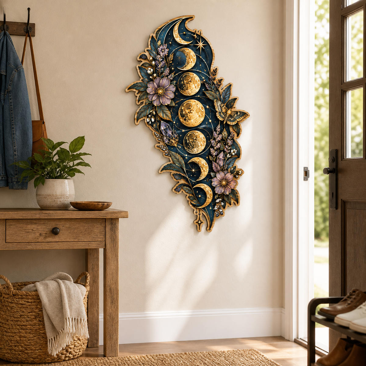Gold Moon Phase Wooden Sign Purple Flowers Moth Celestial Decor