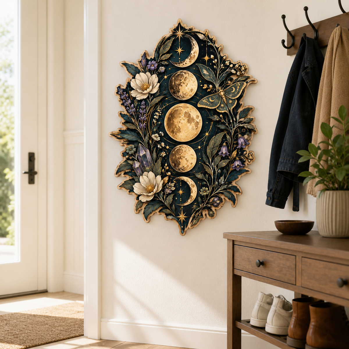 Gold Moon Phase Wooden Sign, Green Luna Moth White Blooms & Crystal Decor