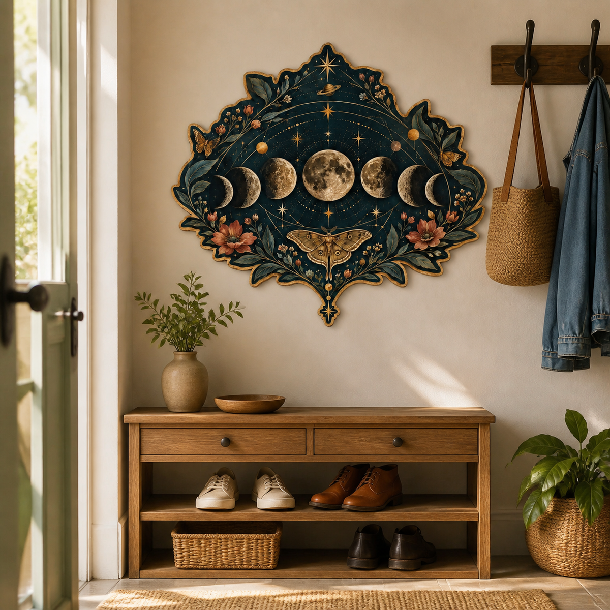 Gold Moon Phase Wooden Sign, Lunar Cycle Wall Art, Moth & Botanical Floral Decor