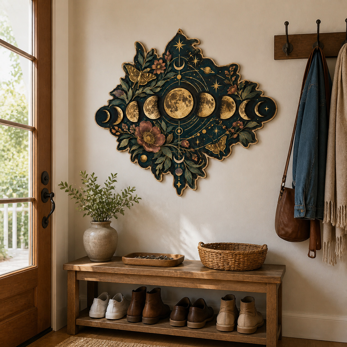 Gold Moon Phase Wooden Sign Diamond Shape Lunar Phases Wall Decor