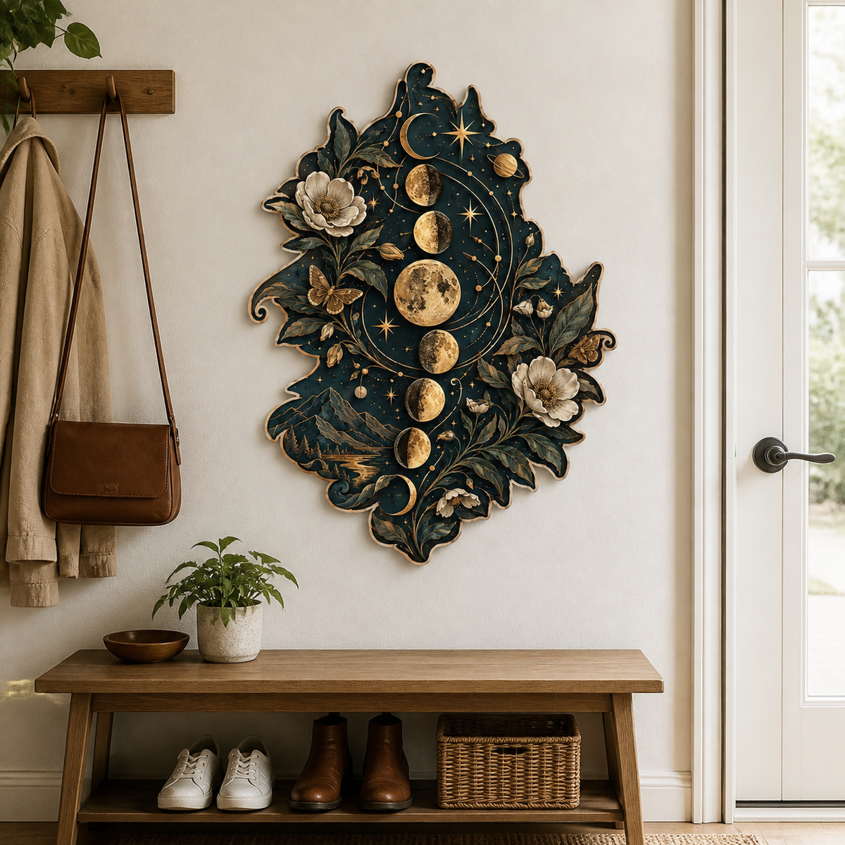 Gold Moon Phase Wooden Sign Vertical Leaf Lunar Cycle Home Decor