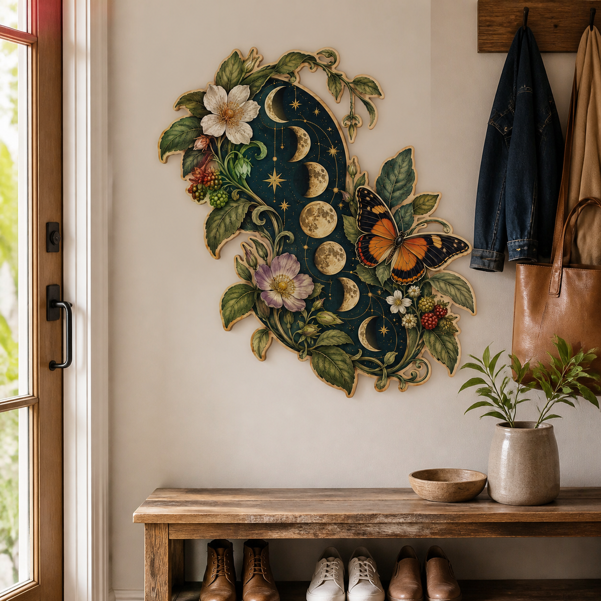 Gold Moon Phase Wooden Sign Botanical Lunar Cycle Wall Decor