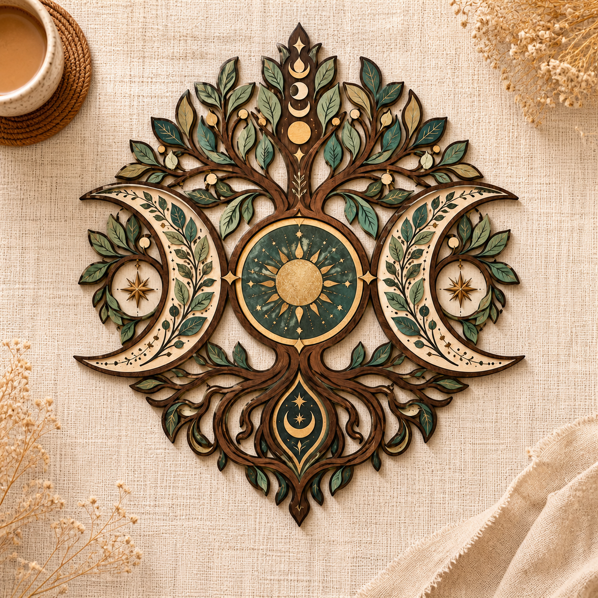 Triple Moon Tree of Life Wooden Wall Art, Multi Layer Wood Sign, Celestial Witchy Decor, Wiccan Pagan Wall Hanging