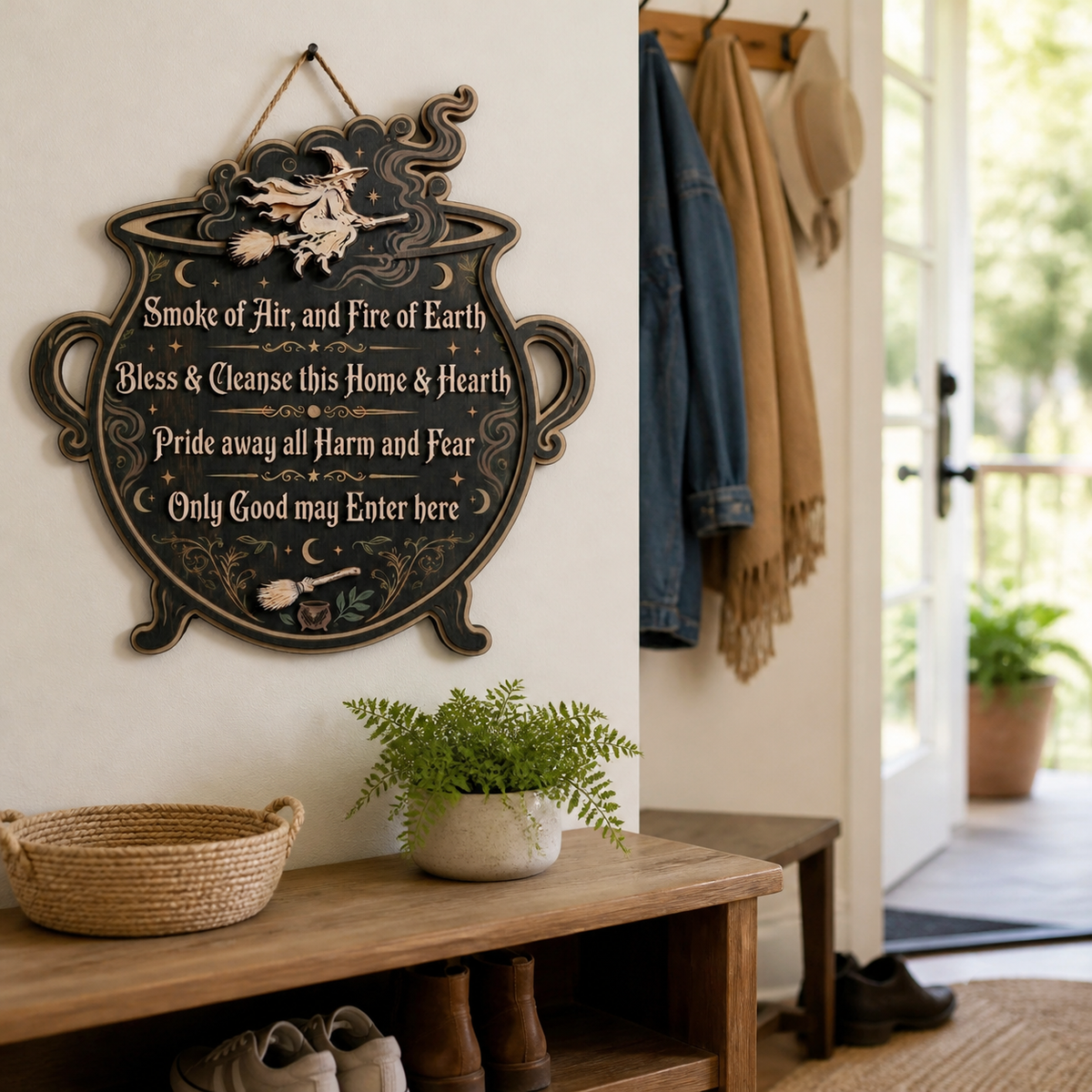 Wicca House Blessing Wooden Sign, Flying Witch Silhouette Decor