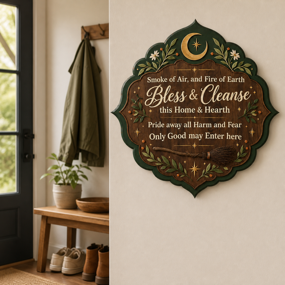 Wicca House Blessing Wooden Sign, Ornate Mandala Door Hanger Decor
