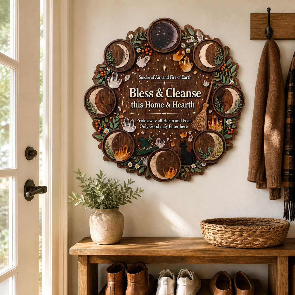 Wicca House Blessing Wooden Sign, Moon Phase Circle Door Hanger, Black Cat Witch Hat Decor