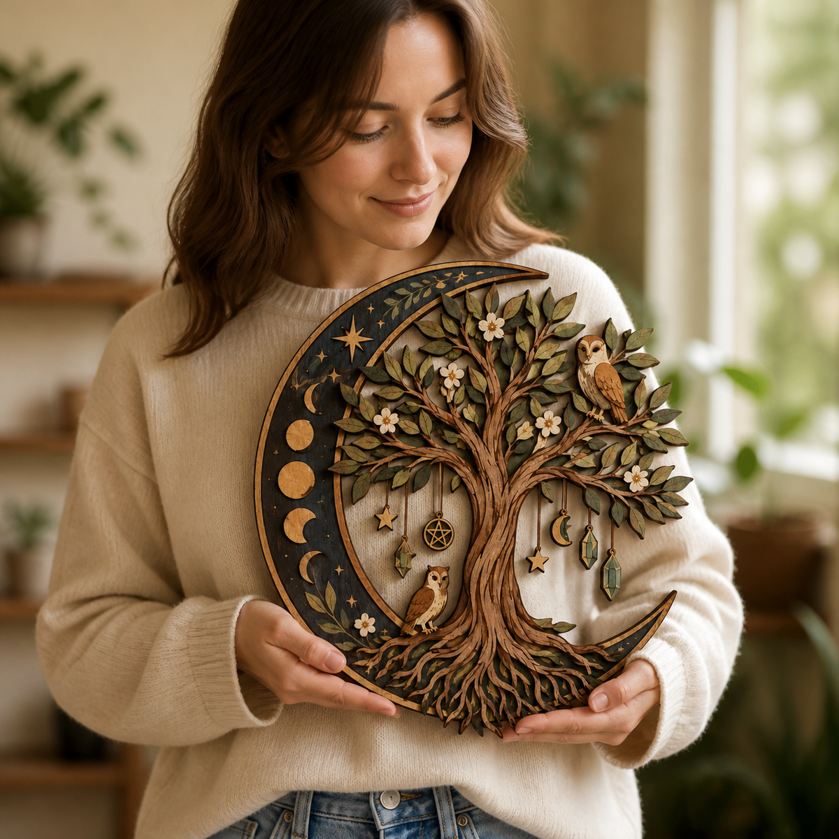 Celestial Tree Of Life Wooden Wall Art, Crescent Moon Wood Sign, Multi Layer Wooden Decor, Witchy Botanical Wall Hanging