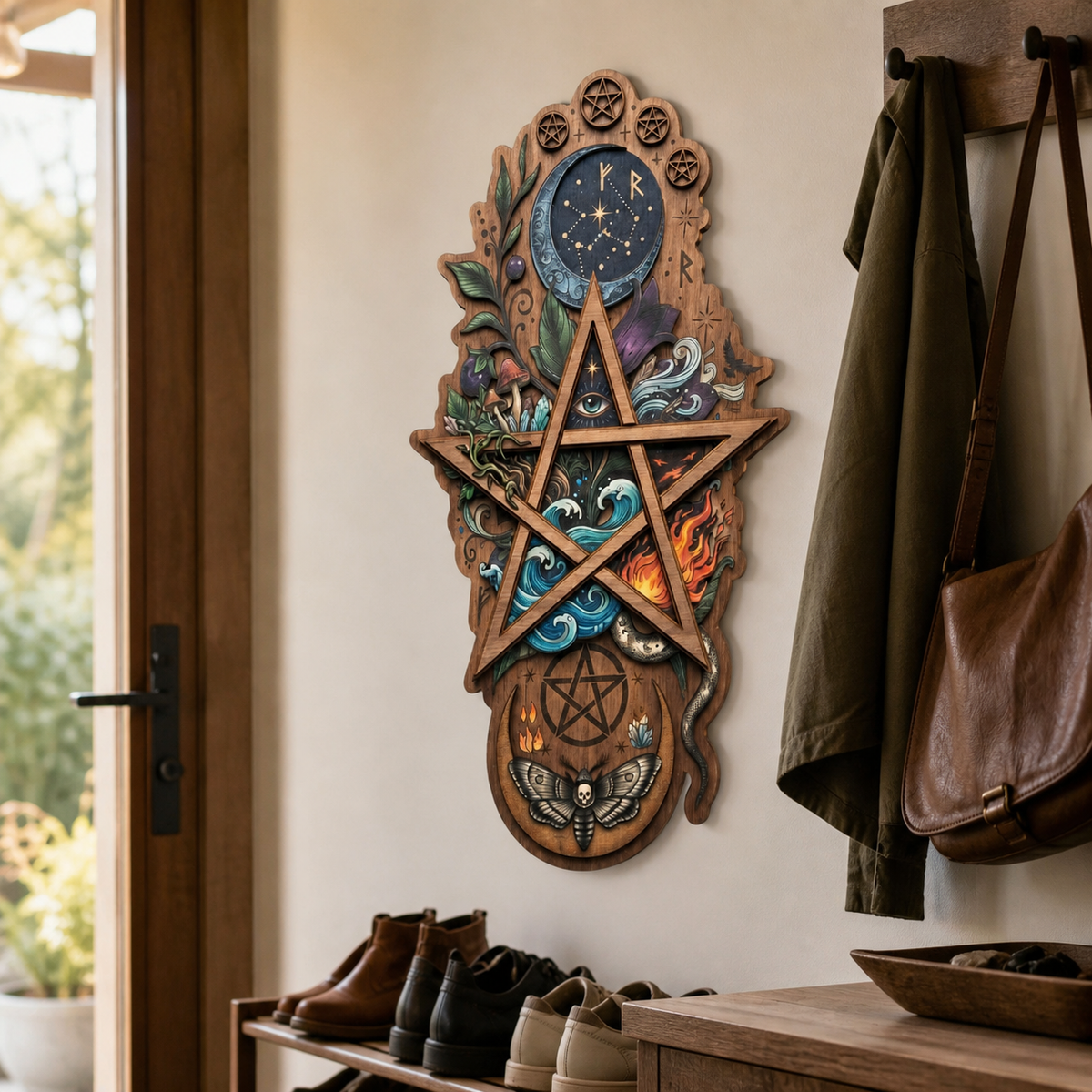 Pentagram Five Elements Wooden Sign, Death Moth Vertical Wall Art