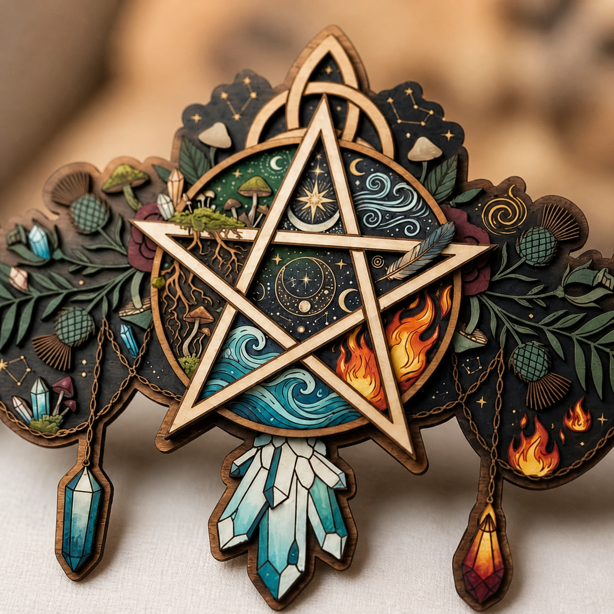 Pentagram Five Elements Wooden Sign, Hanging Crystals Arch Door Hanger
