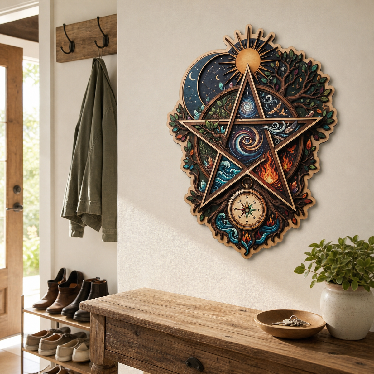 Pentagram Five Elements Wooden Sign, Sun Compass Shield Wall Art