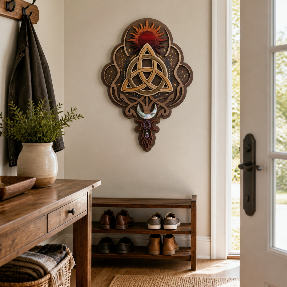 Triquetra Art Wooden Sign, Sun Moon Celestial Trinity Knot Decor