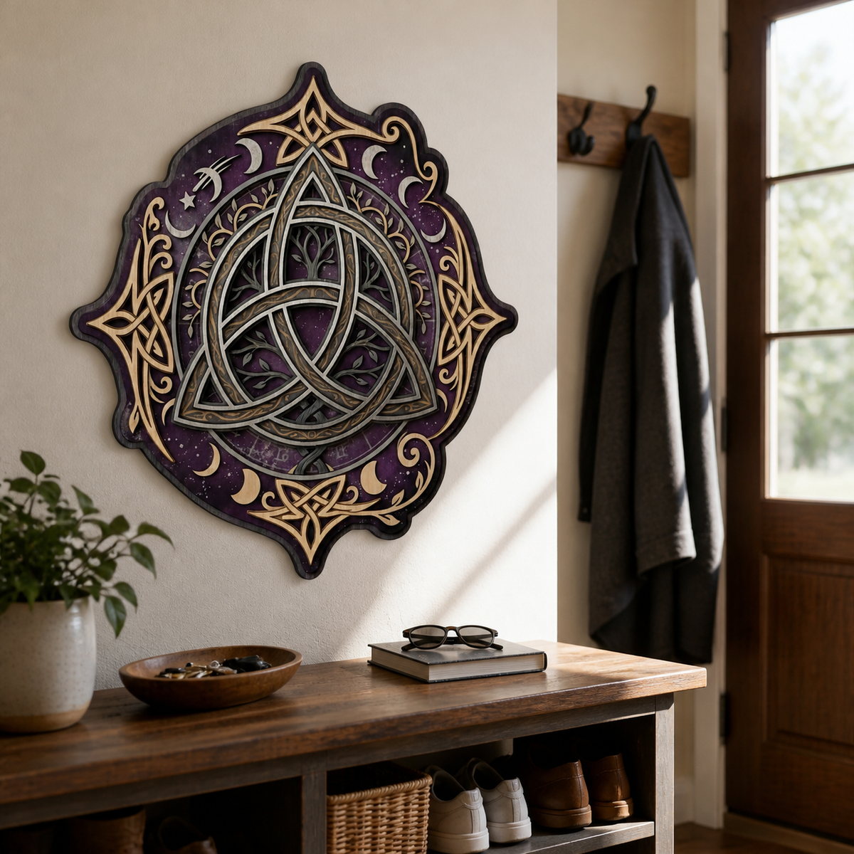 Triquetra Art Wooden Sign, Tree Celtic Trinity Knot, Purple Night Sky Crescent Moon Decor