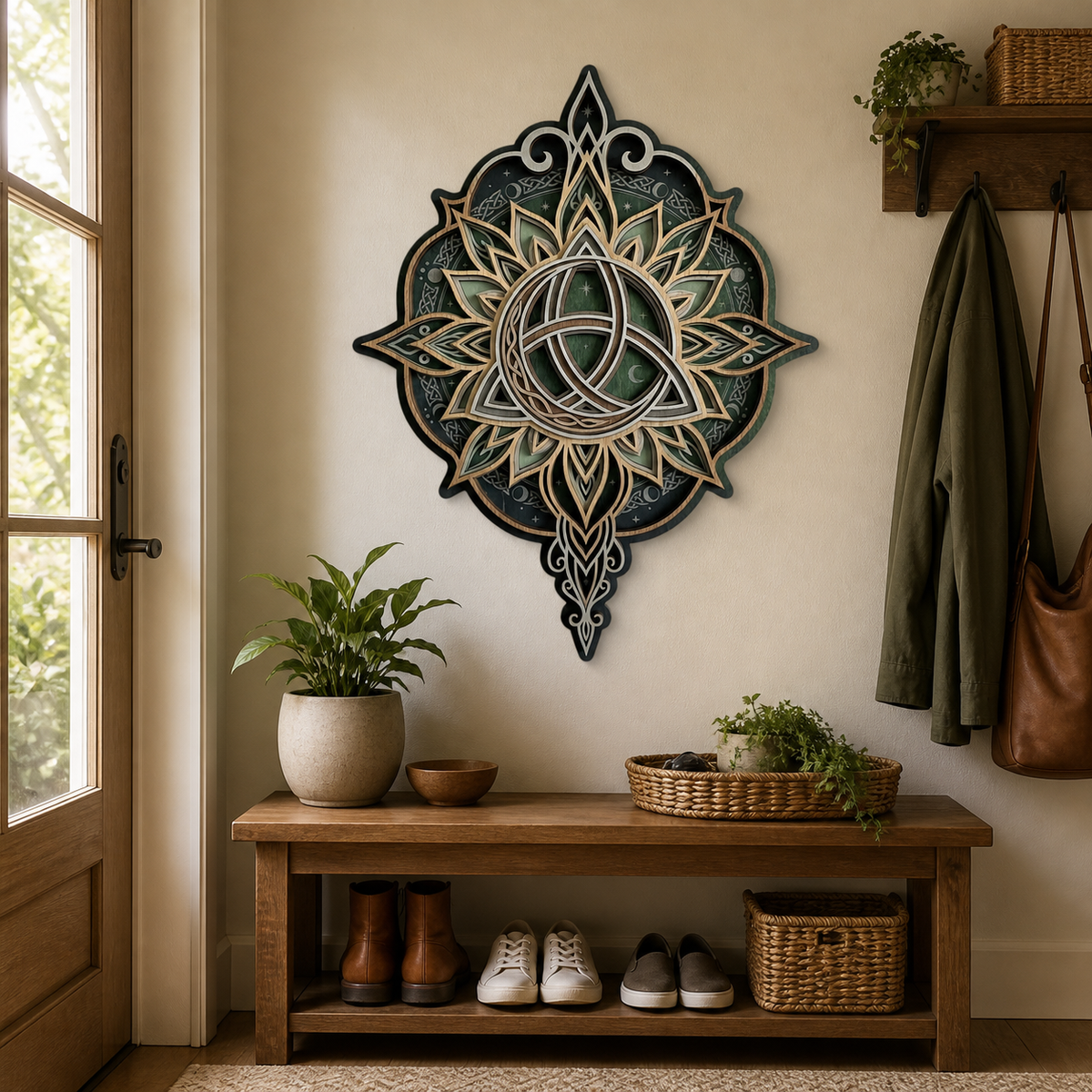 Triquetra Art Wooden Sign, Layered Celtic Trinity Knot Wall Art, Lotus Mandala Decor