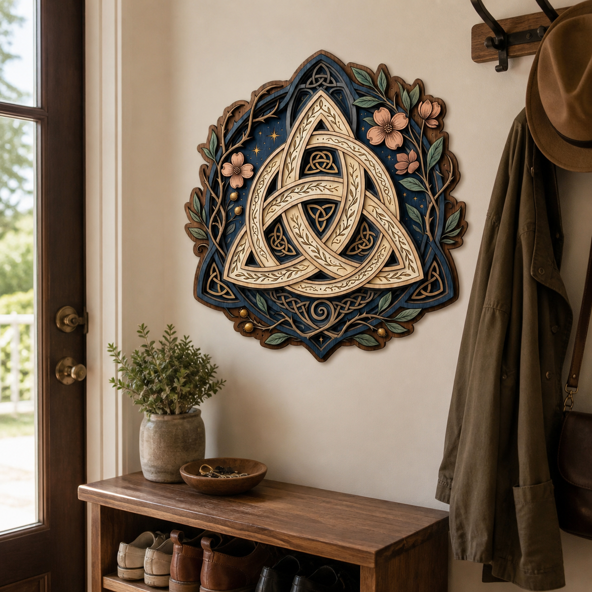 Triquetra Art Wooden Sign, Pink Blossom Branch Door Hanger Wall Decor
