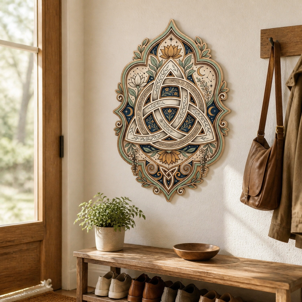 Triquetra Art Wooden Sign, Lotus Flower Vertical Wall Decor