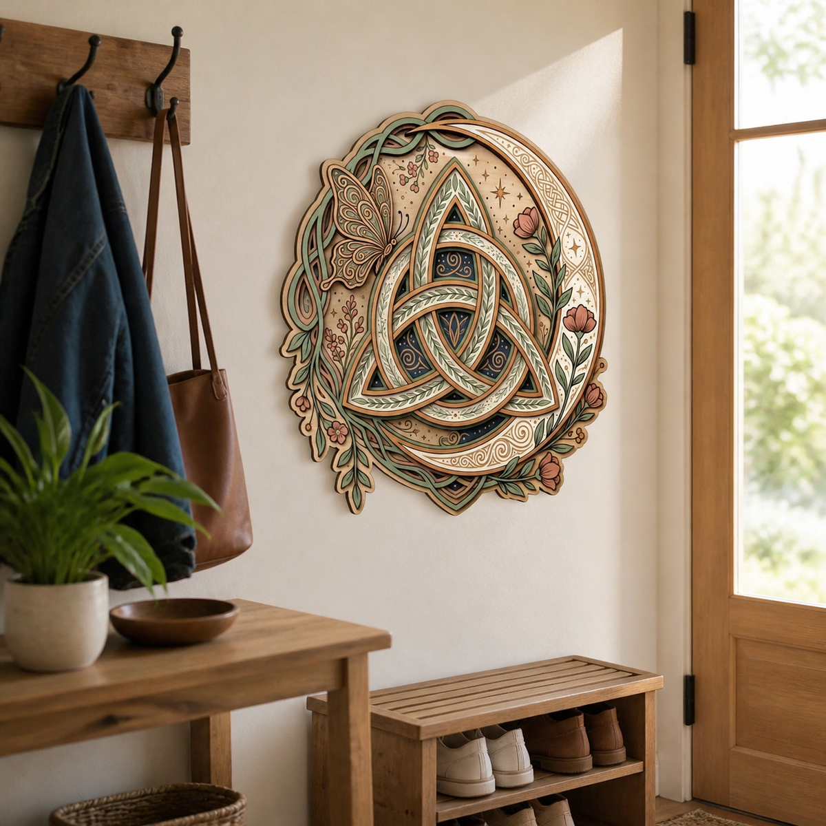 Triquetra Art Wooden Sign, Floral Celtic Trinity Knot, Butterfly Crescent Moon Decor