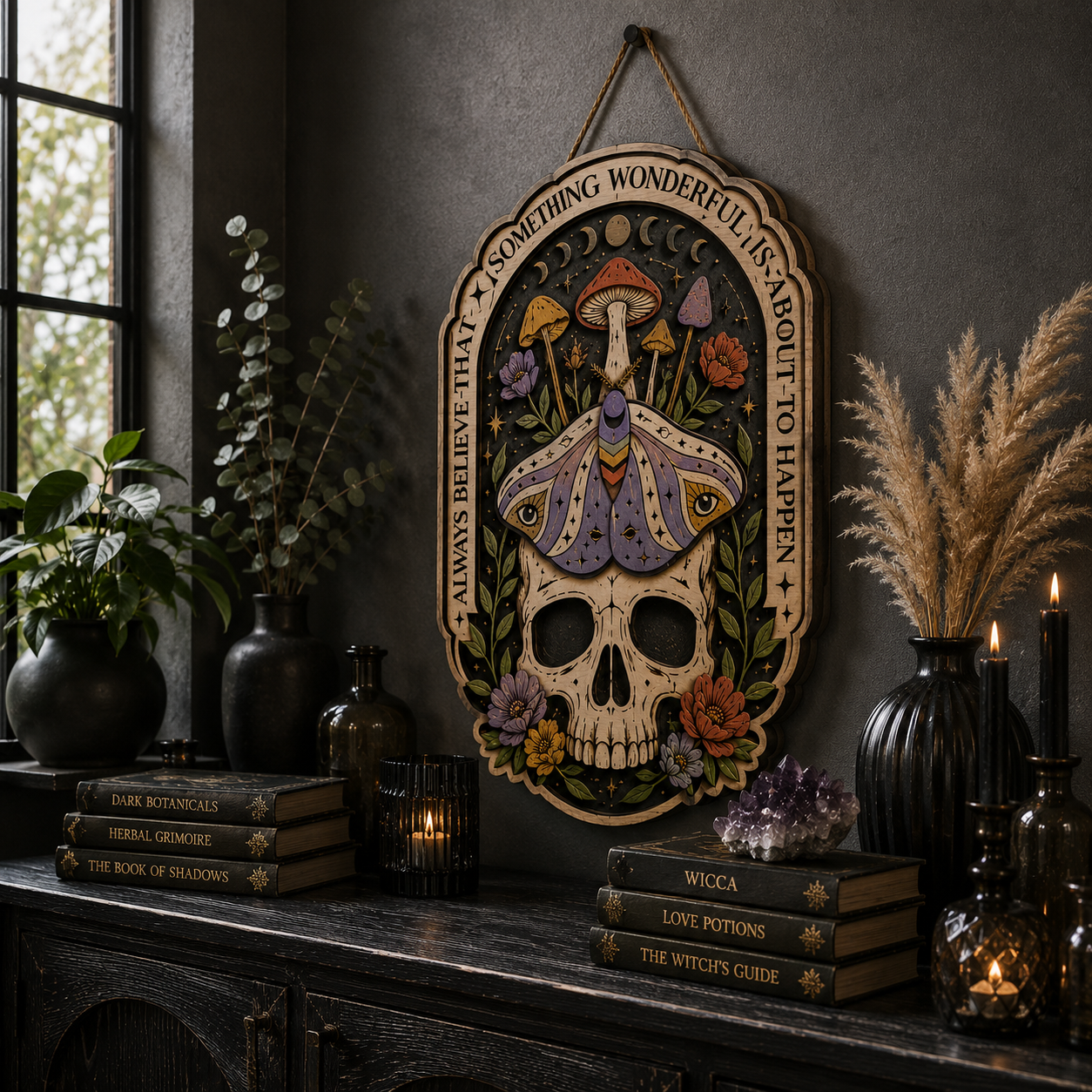 Something Wonderful Skull Moth Wooden Sign with Moon Phases Wildflowers and Mystical Witchcore Botanical Home Decor