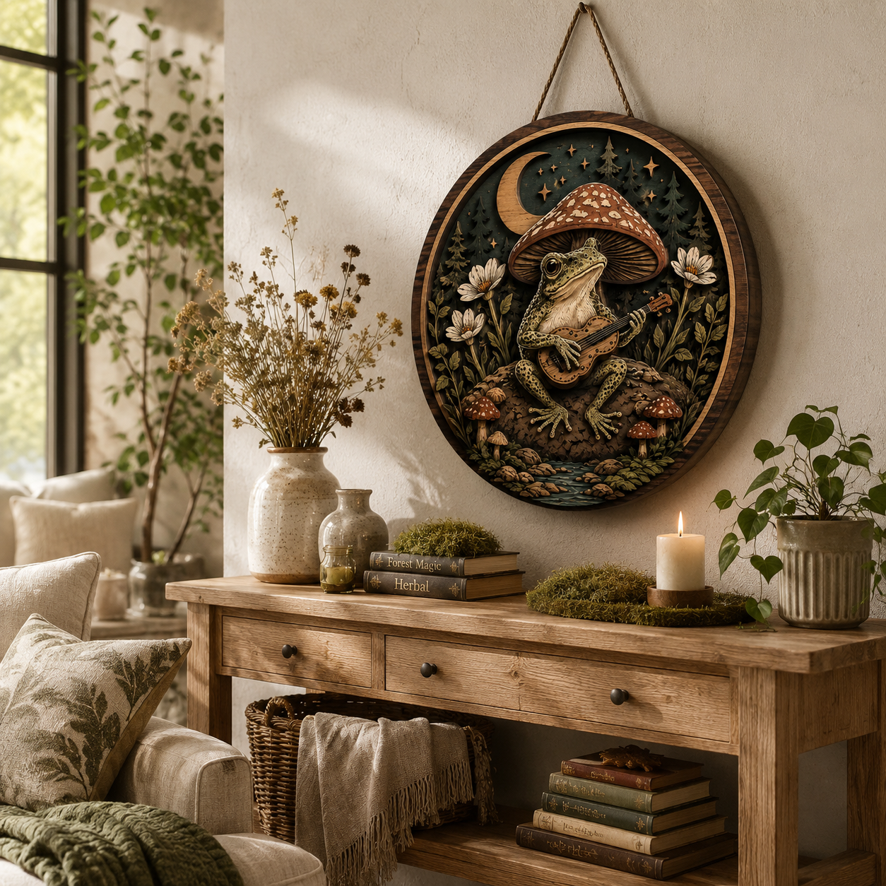 Moonlit Forest Frog Guitar Wooden Sign with Woodland Mushroom Nature Cottagecore Witchcore Fantasy Home Wall Decor