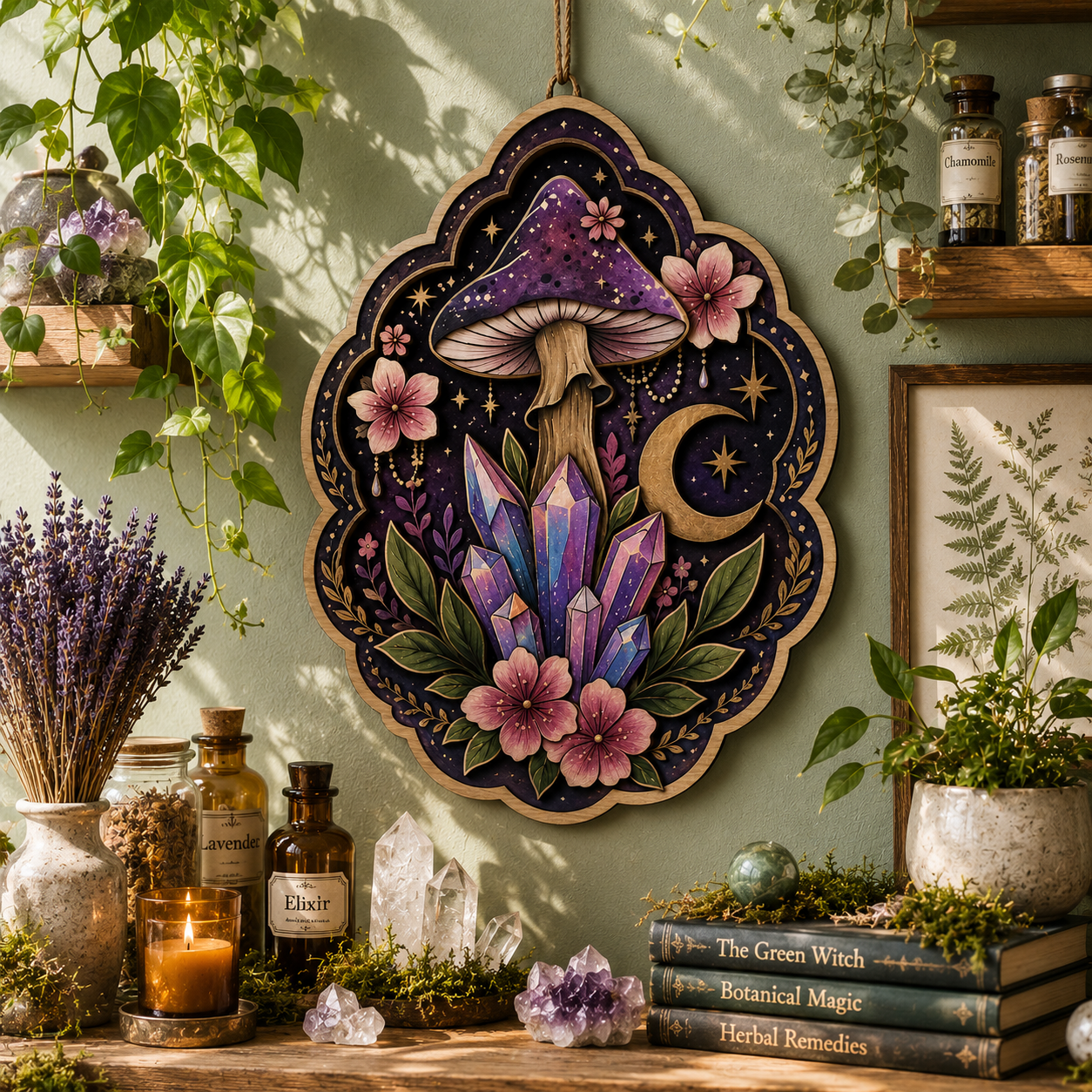 Celestial Crystal Mushroom Moon Botanical Wooden Wall Decor