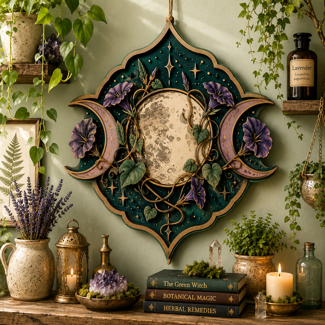 Celestial Triple Moon Floral Wooden Wall Decor Moon Phase Botanical Wooden Sign Witchcore Pagan Boho Spiritual Home Wall Art