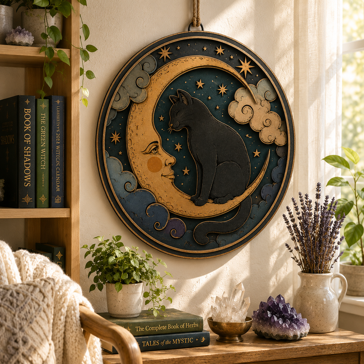 Celestial Black Cat Moon Layered Wooden Sign Witchy Wall Decor Gothic Pagan Home Halloween Cottagecore Gift