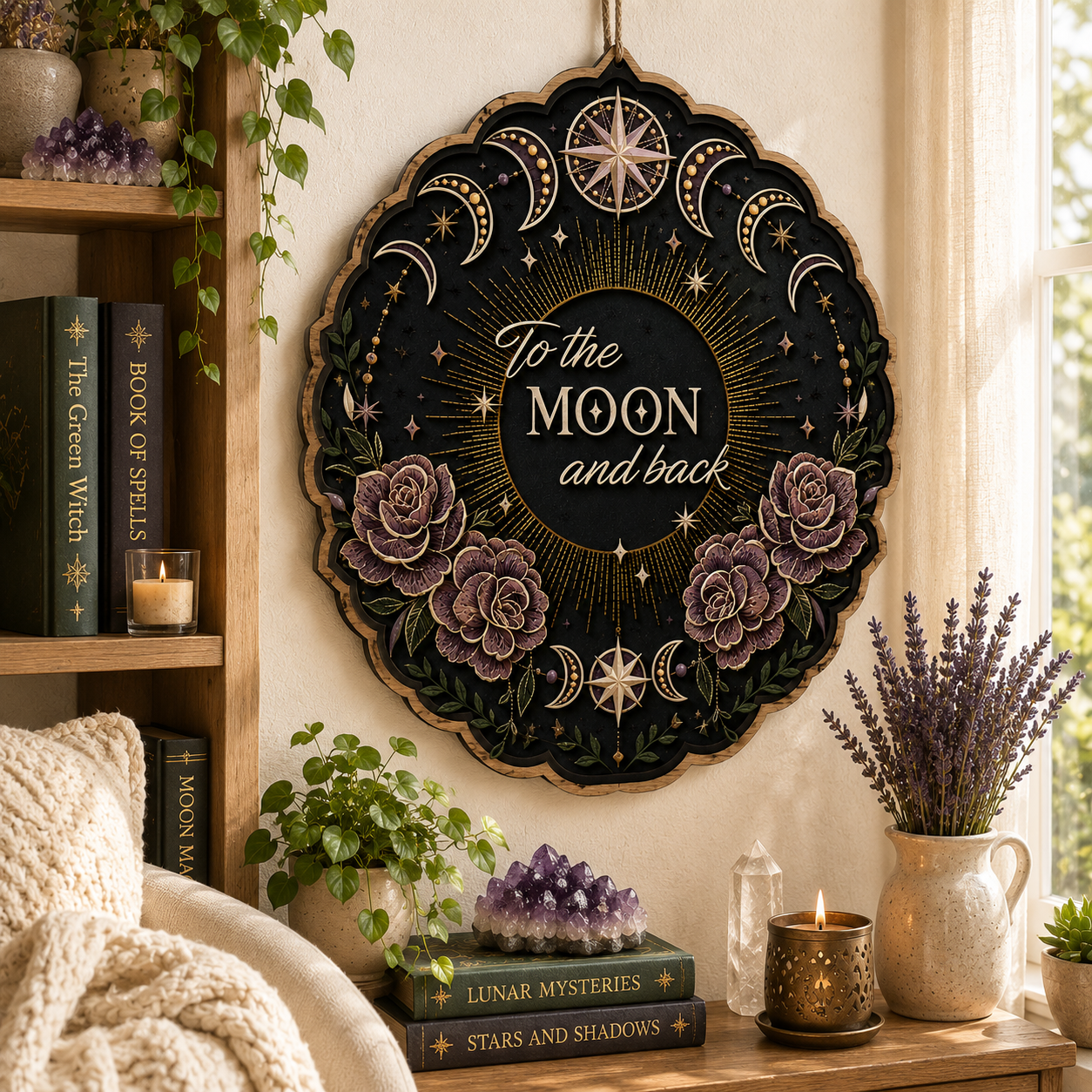 To The Moon And Back Layered Wooden Sign Celestial Moon Phase Wall Decor Gothic Witchy Floral Home Gift