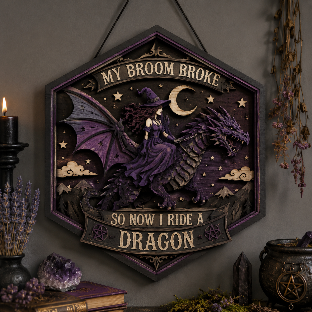 My Broom Broke So Now I Ride A Dragon Layered Wooden Sign Funny Witch Halloween Wall Decor Gothic Home Gift