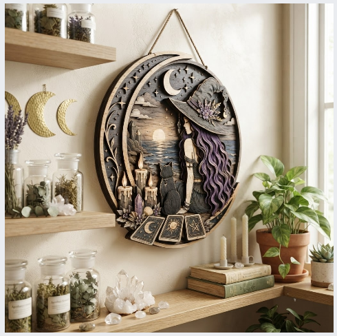Moonlit Witch And Black Cat Layered Wooden Wall Art