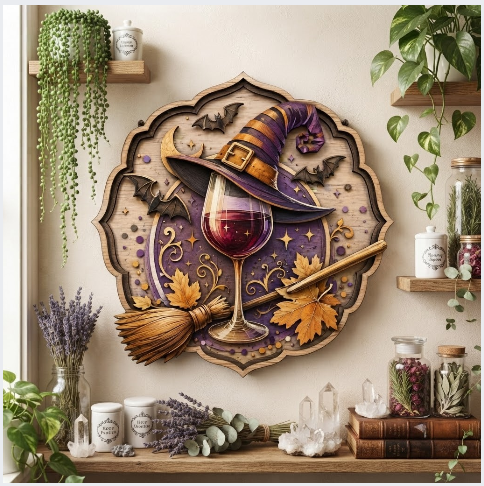 Moonlit Witch Wine Glass Layered Wooden Wall Art For Witchcore Home Decor