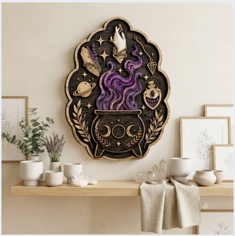 Mystical Witch Cauldron Layered Wooden Wall Art For Witchcore Pagan Home Decor