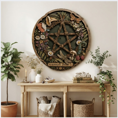 Woodland Witchcraft Mystery Pentagram Layered Wooden Wall Art For Pagan Cottagecore Decor