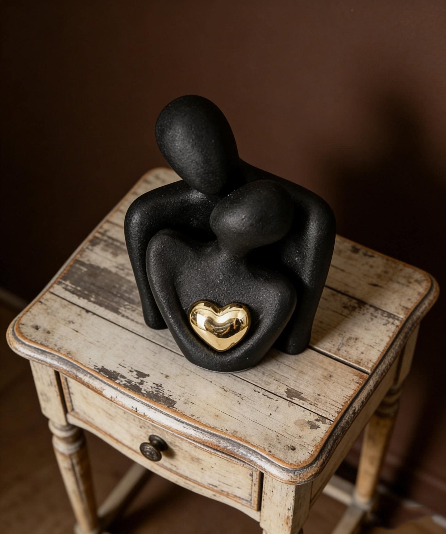 Embracing Couple Ceramic Statue | Matte Black & Gold Heart Decor | Romantic Gift for Her | Contemporary Shelf Accent