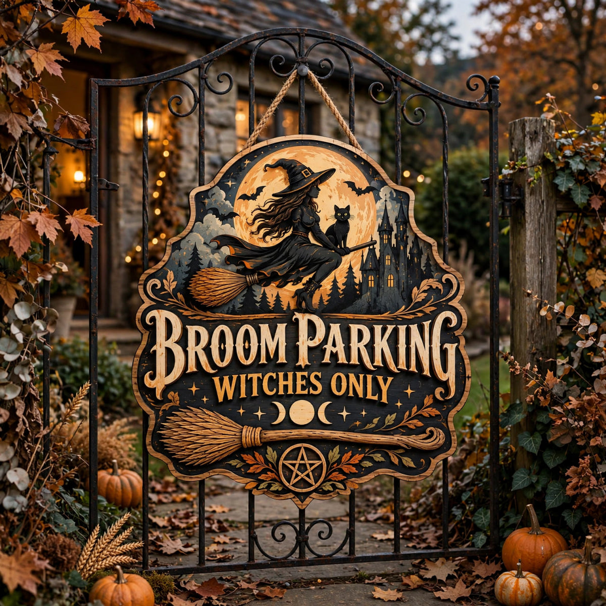 Halloween Broom Parking Sign Flying Witch Wood Decor Spooky